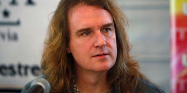 David Ellefson, member the US trash metal band 'Megadeth', looks on during a news conference in La Paz, Bolivia, Friday, Nov. 25, 2011. Megadeth will perform Friday in La Paz. (AP Photo/Juan Karita)