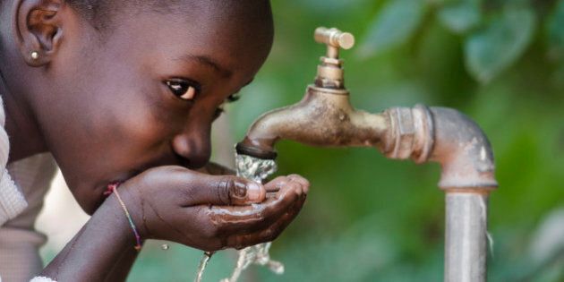 Clean Fresh Water Scarcity Symbol: Black Girl Drinking from Tap.