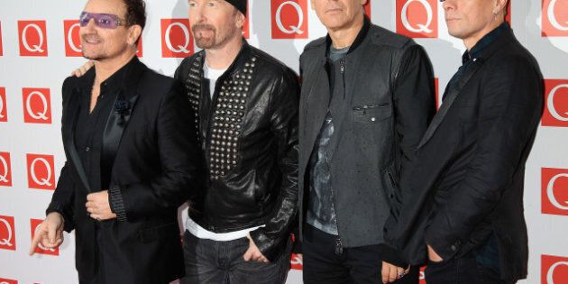 LONDON, ENGLAND - OCTOBER 24: The Edge, Bono, Adam Clayton, Larry Mullen Jr of U2 attends the Q awards at The Grosvenor House Hotel on October 24, 2011 in London, England. (Photo by Chris Jackson/Getty Images)
