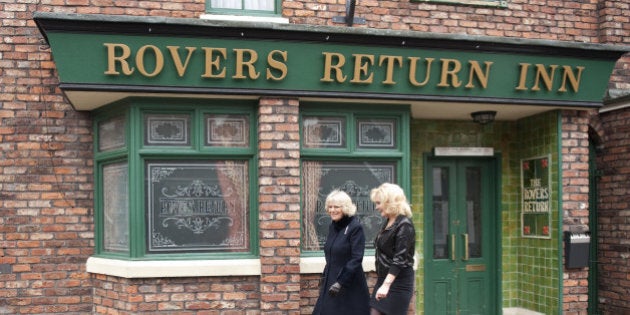 Coronation Street Actress Beverley Callard Outside The Rovers Return Inn At Granada Studios, Manchester, With Camilla, The Duchess Of Cornwall, During Her Visit To The Set As Part Of The Celebrations For The Soap's 50Th Anniversary Year. (Photo by Mark Cuthbert/UK Press via Getty Images)