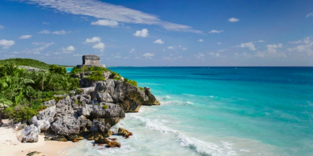 Mexico, Yucatan, Tulum, Beach with ancient Mayan ruins