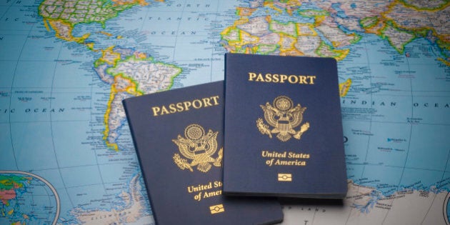 Passports on a map of the world with limited depth of field