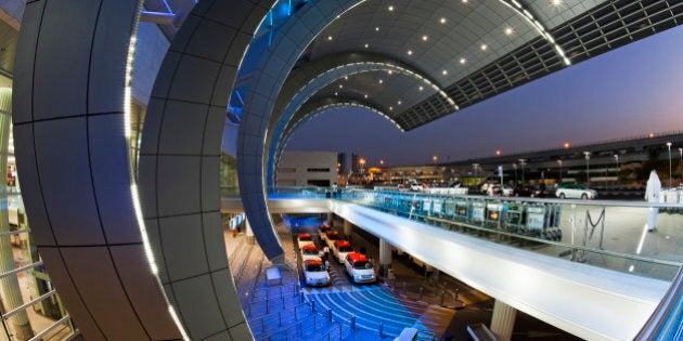 Stylish modern architecture of the 2010 opened Terminal 3 of Dubai International Airport, Dubai, UAE, United Arab Emirates