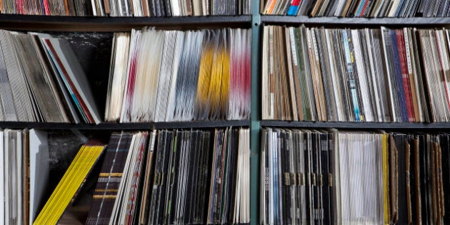 Rows of records on shelves