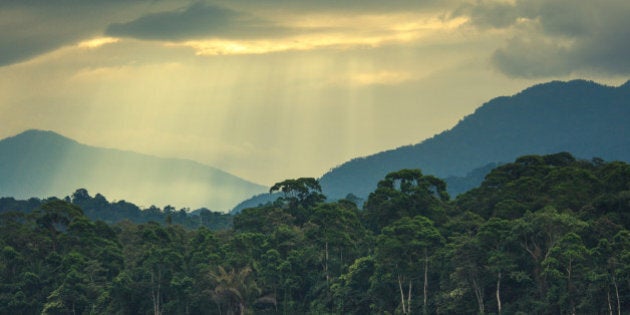 sun rays early in the morning over the jungle and mountains behind the airport of la ceiba in honduras, central america