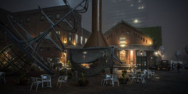 At the Distillery District in Toronto, Ontario on a foggy eening