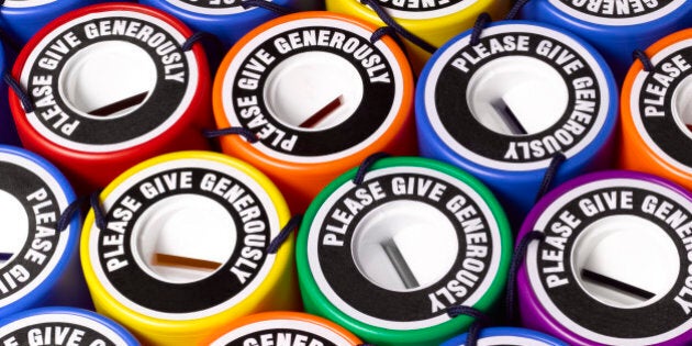 Collection of brightly coloured donation tins