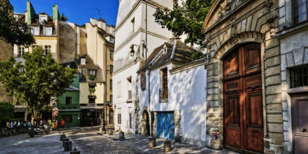 'Saint Julien le Pauvre' street in medieval Latin District, at the bottom 'Galande' street was the former Roman way, Paris, France.