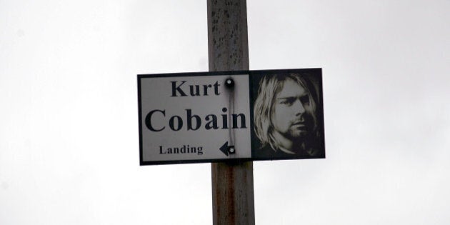 ABERDEEN, WA - APRIL 05: Sign at Kurt Cobain Memorial at Young Street bridge on April 5, 2014 in Aberdeen, Washington. (Photo by Dana Nalbandian/WireImage)