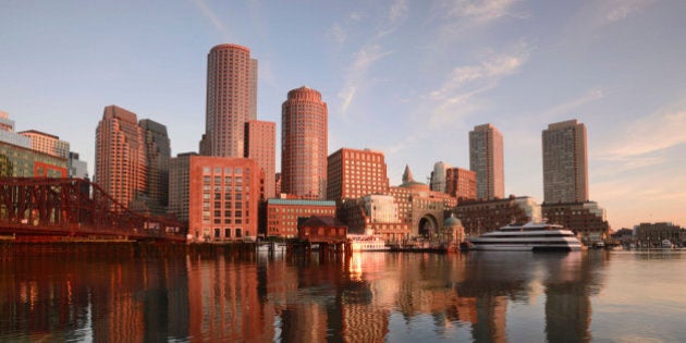 USA, Massachusetts, Boston, Waterfront from Fan pier at dawn