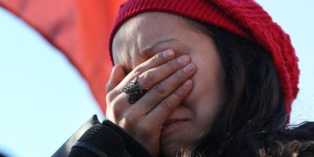 WINDSOR ON - JANUARY 16: Destiny Phillips gets emotional after speaking as 'Idle no more' protesters trally at the base of the Ambassador Bridge between Windsor and the United States. at in Windsor. January 16, 2013 STEVE RUSSELL/TORONTO STAR (Steve Russell/Toronto Star via Getty Images)