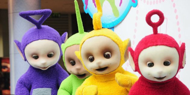 LONDON, ENGLAND - SEPTEMBER 10: The Teletubbies, (L-R) Tinky Winky, Dipsy, Laa-Laa and Po attend photocall to promote new tour at Westfield on September 10, 2009 in London, England. (Photo by Ian Gavan/Getty Images)