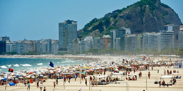 RIO DE JANEIRO, BRAZIL - NOVEMBER 15: A general view of Copacabana Beach during the III Mundialito de Clubes Beach Soccer match between Al-Ahli FC and FC Barcelona at Copacabana Beach on November 15, 2013 in Rio de Janeiro, Brazil. (Photo by Manuel Queimadelos Alonso/Getty Images)