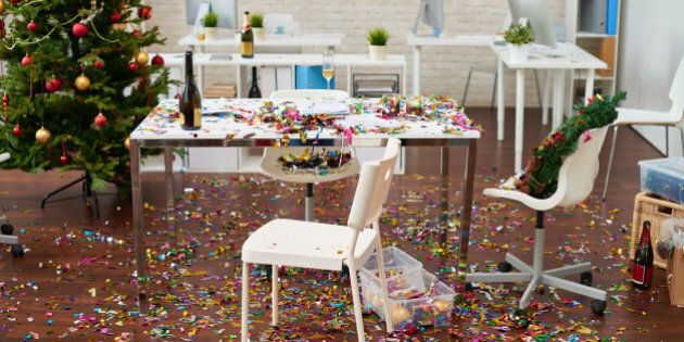 Office interior with confetti on the floor