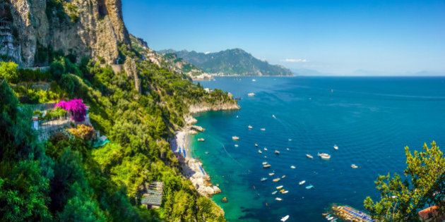 Panoramic view of famous Amalfi Coast with beautiful Gulf of Salerno, Campania, Italy