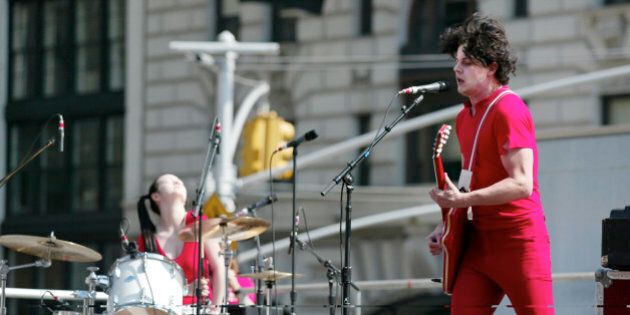 NEW YORK - OCTOBER 2: Guitarist, lead singer Jack White and drummer Meg White of the White Stripes perform a free outdoor concert in Union Square on October 2, 2002 in New York City. (Photo by Scott Gries/Getty Images)