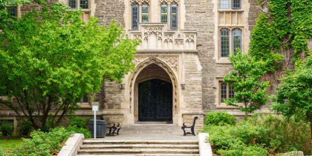 Photo of the gothic revival style University Hall at the main campus of McMaster University, a public research university in Hamilton, Ontario, Canada.