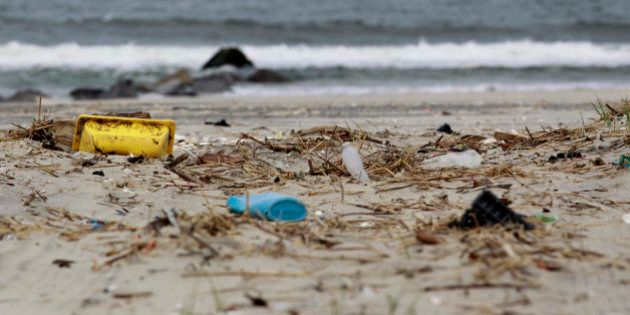 In this April 18, 2011 photo, trash litters the beach in Sandy Hook, N.J. Clean Ocean Action, the environmental group that has been doing beach sweeps for 25 years, says in a report to be released Tuesday, April 19, 2011 that an all-time high of 475,321 pieces of litter were removed from the state's 127-mile shoreline last year. The 8,372 people who participated in spring and fall cleanups also set a record. (AP Photo/Julio Cortez)