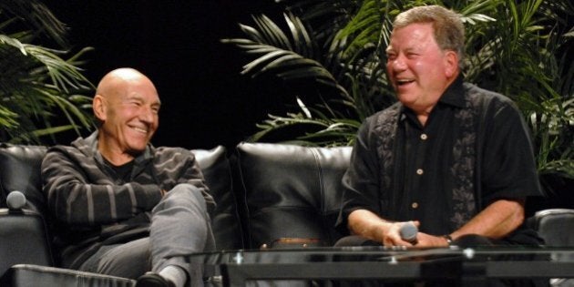 CHICAGO, IL - AUGUST 24: Former Star Trek actors and ship captains Patrick Stewart (L) and William Shatner attend the Star Trek panel at Wizard World Chicago Comic Con 2014 at Donald E. Stephens Convention Center on August 24, 2014 in Chicago, Illinois. (Photo by Paul Warner/WireImage)