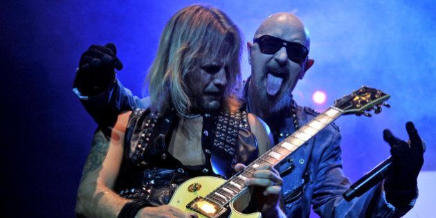 Guitarist Richie Faulkner and singer Rob Halford, of British heavy metal band Judas Priest, perform during a concert at the Coliseo El Campin in Bogota, Colombia, on September 23, 2011, as part of the farewell tour 'Epitaph World Tour'. AFP PHOTO/Guillermo LEGARIA (Photo credit should read GUILLERMO LEGARIA/AFP/Getty Images)