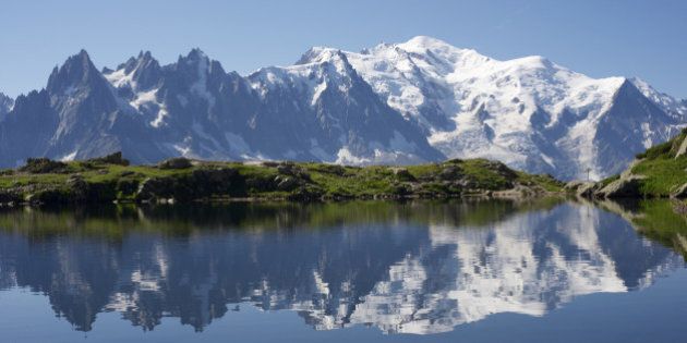 Mont Blanc reflected in Cheserys Lake, Mont Blanc Massif, Alps, France