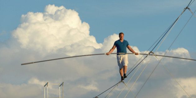 SARASOTA, FL - OCTOBER 08: Nik Wallenda trains for his upcoming walk across the Chicago kyline on October 8, 2014 in Sarasota, Florida. Nik Wallenda's walk across the Chicago skyline on November 2nd will be broadcast live by the Discovery Channel. (Photo by Tim Boyles/Getty Images)