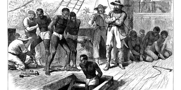 Captives being brought on board a slave ship on the West Coast of Africa (Slave Coast), c1880. Although Britain outlawed slavery in 1833 and it was abolished in the USA after the defeat of the Confederacy in the Civil War in 1865, the transatlantic trade in African slaves continued. The main market for the slaves was Brazil, where slavery was not abolished until 1888. (Photo by Ann Ronan Pictures/Print Collector/Getty Images)