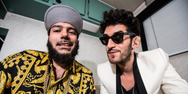 LOS ANGELES, CA - AUGUST 03: DJs P-Thugg (L) and Dave 1 of Chromeo pose backstage at HARD Summer music festival at Los Angeles Historical Park on August 3, 2012 in Los Angeles, California. (Photo by Chelsea Lauren/WireImage)