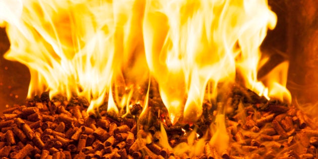 Closeup of burning wood pellets in oven.