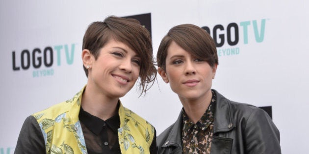 Singer Tegan Quin and Sara Quin of the band Tegan and Sara arrive at Logo's NewNowNext Awards 2013 at the Fonda Theatre on Saturday, April 13, 2013 in Los Angeles. (Photo by Dan Steinberg/Invision/AP)