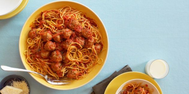 Spaghetti and meatballs in red sauce