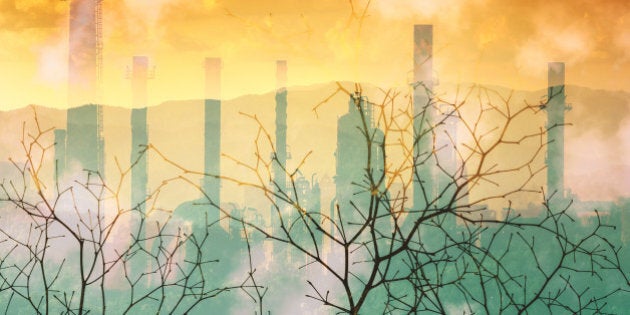 Industrial pollution nature disaster concept, double exposure.