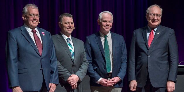 P.E.I. NDP Leader Joe Byrne, , left to right, Progressive Conservative Leader Dennis King, Green Leader Peter Bevan-Baker and Liberal Leader Wade MacLauchlan pose for a photo at the leaders debate at the Harbourfront Theatre in Summerside, P.E.I. on April 16, 2019.