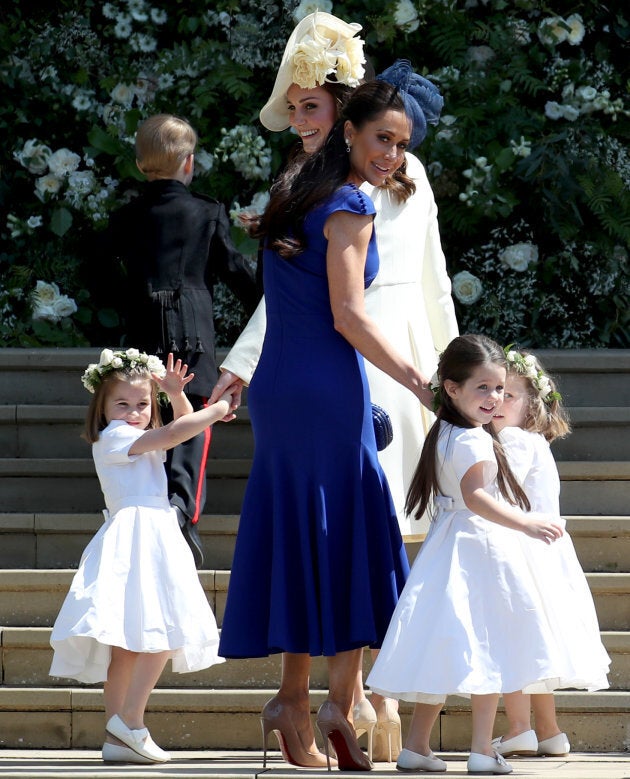 Princess Charlotte of Cambridge, Prince George of Cambridge, Catherine, Duchess of Cambridge, Jessica Mulroney, Ivy Mulroney and Florence van Cutsem after the wedding of Prince Harry and Meghan Markle at St George's Chapel at Windsor Castle on May 19, 2018, in Windsor, England.