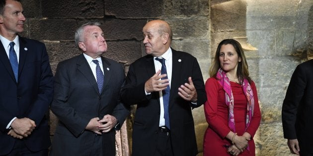 Britain's Foreign Secretary Jeremy Hunt, U.S. Deputy Secretary of State John J. Sullivan, France's Foreign Minister Jean-Yves Le Drian and Canada's Foreign Minister Chrystia Freeland in Dinard, France, on April 5 2019.