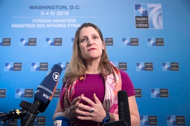 Chrystia Freeland speaks to media in Washington, D.C., on April 4, 2019.