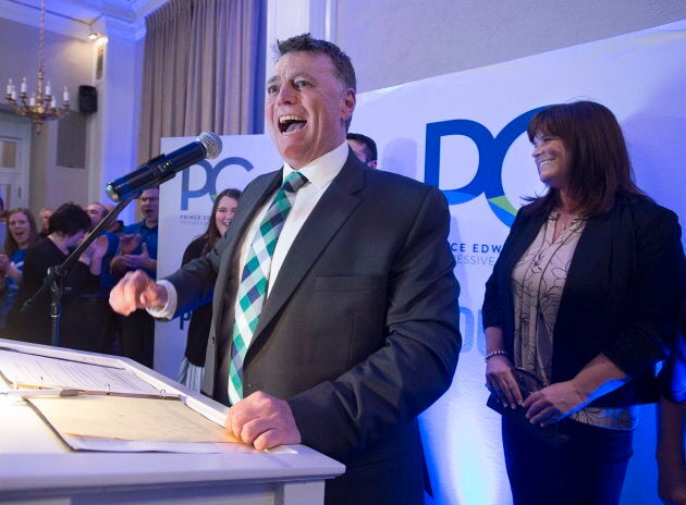 P.E.I. Progressive Conservative leader Dennis King, accompanied by his wife Jana Hemphill, right, addresses supporters in Charlottetown after capturing the most seats in a provincial election on April 23, 2019.