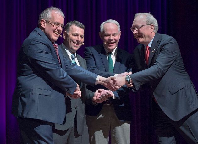 P.E.I. NDP Leader Joe Byrne, Progressive Conservative Leader Dennis King, Green Leader Peter Bevan-Baker and Liberal Leader Wade MacLauchlan pose for a photo at the provincial leaders debate at the Harbourfront Theatre in Summerside, P.E.I. on April 16, 2019.