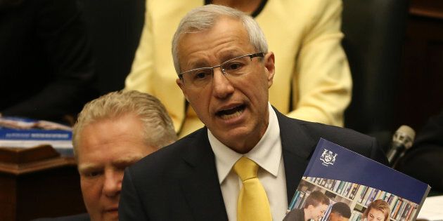 Finance Minister Vic Fedeli delivers the 2019 Ontario budget at Queen's Park in Toronto on April 11. His riding includes some of the schools expected to most impacted by the province's plan to increase class sizes.