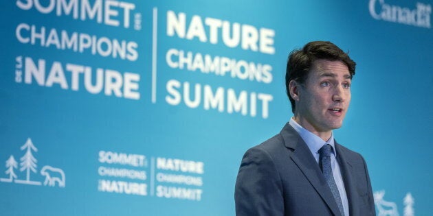 Prime Minister Justin Trudeau addresses the Nature Champions Summit in Montreal on April 25, 2019.