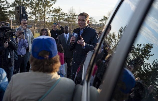 Conservative Leader Andrew Scheer speaks to supporters before a door knocking event for volunteers in the Kanata suburb of Ottawa on April 25, 2019.