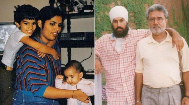 Jagmeet Singh, left in both pictures, poses with his mother and father in two undated photos.