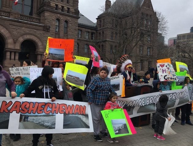 Kashechewan Chief Leo Friday speaks at a rally outside Queen's Park in Toronto on April 29, 2019. His community has been evacuated due to springtime flooding for the 17th year in a row.