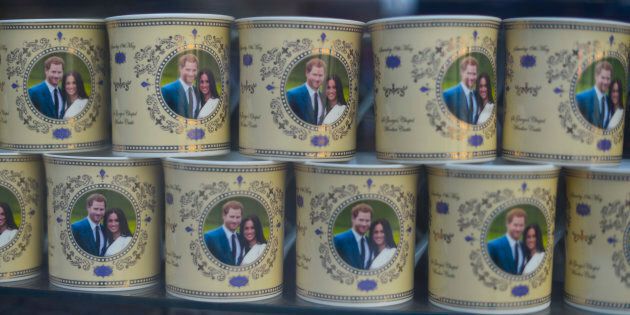 Souvenirs featuring Prince Harry and Meghan Markle in a gift shop in Central London on May 17, 2018, two days before the royal wedding.