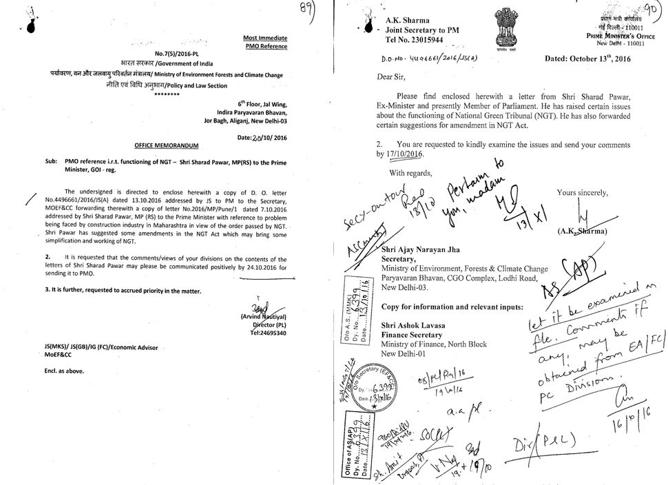 (Right) Letter from A K Sharma, Joint Secretary to Prime Minister, to then Environment Secretary Ajay Narayan Jha and then Finance Secretary Ashok Lavasa.This letter led to an internal Office Memorandum (Left) of the Environment ministry which deemed it a "priority" matter.