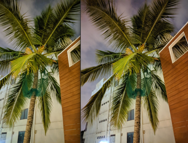 Outdoors night-time photograph taken with the Google Pixel 3 XL (Left), and the Google Pixel 3a XL (Right).