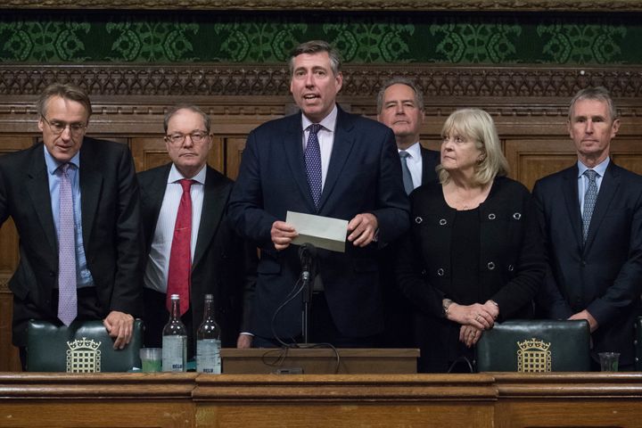 Members of the 1922 executive, including Sir Graham Brady (centre) and Nigel Evans (furthest right)