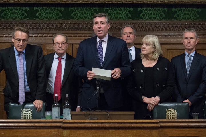 Members of the 1922 executive, including Sir Graham Brady (centre) and Nigel Evans (furthest right)