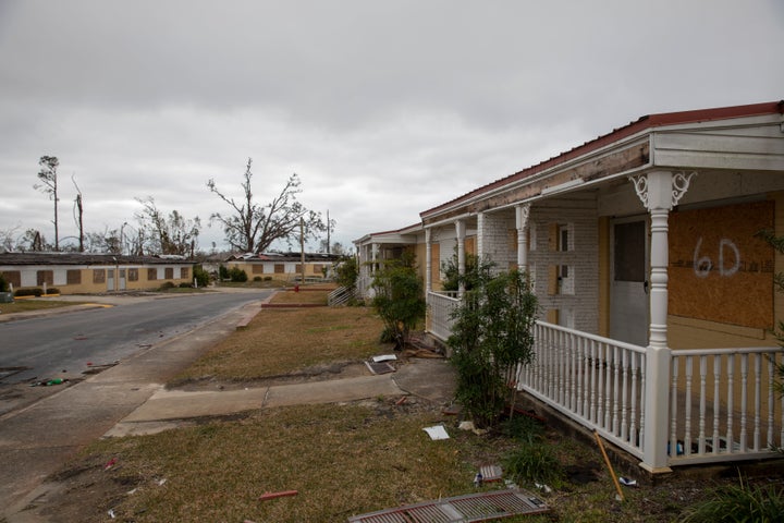 A boarded-up housing development sits damaged from Hurricane Michael in Panama City, Florida, in January. FEMA has said $1.1 billion in federal disaster aid has been given to the Panhandle through mid-April.