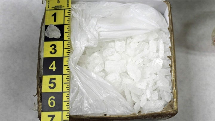 A box containing methamphetamine seized by police in Minneapolis. In many regions of the United States, the supply of cocaine